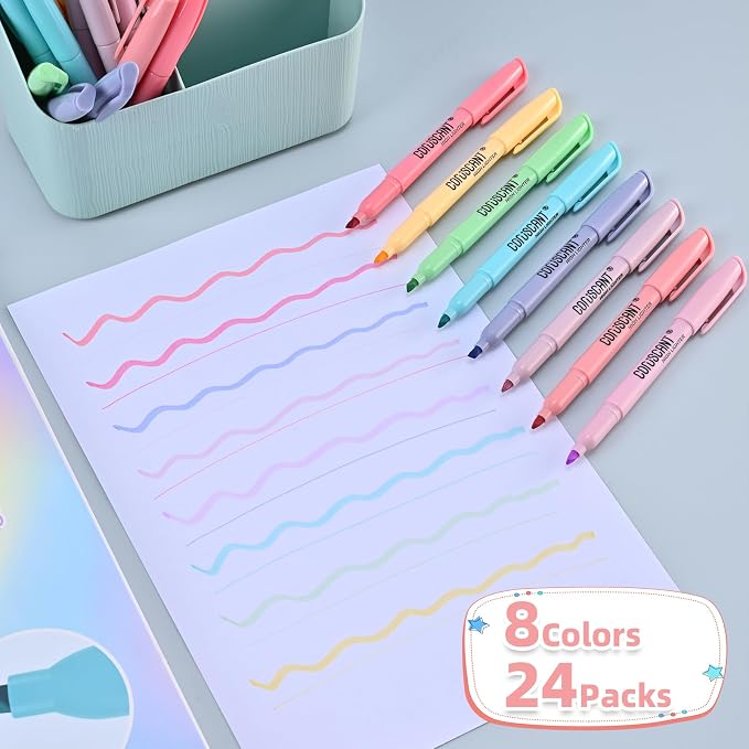 coruscant Pastel Highlighters Set, 8 Assorted Colors, 24 Pack, Chisel Tip Cute Bible Highlighters, No Bleed Dry Quickly, for Journal Bible Study, Perfect for thin paper, School Office Supplies