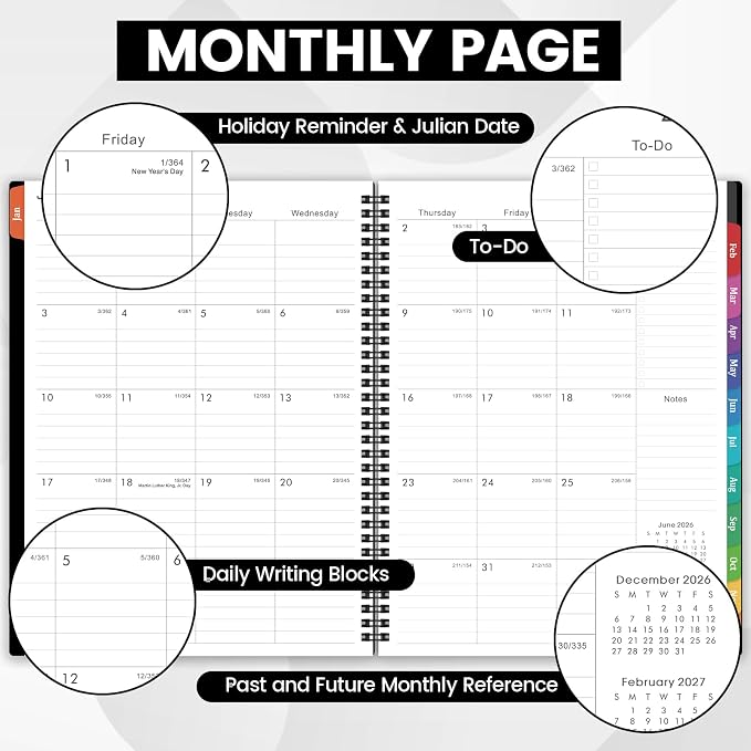 2027 Planner - 2027 Weekly and Monthly Planner | Jan. 2027 - Dec. 2027, 9” x 11”, Planner for Women Men with Twin-Wire Binding, 12 Colorful Tabs, Pocket, Holidays - Black