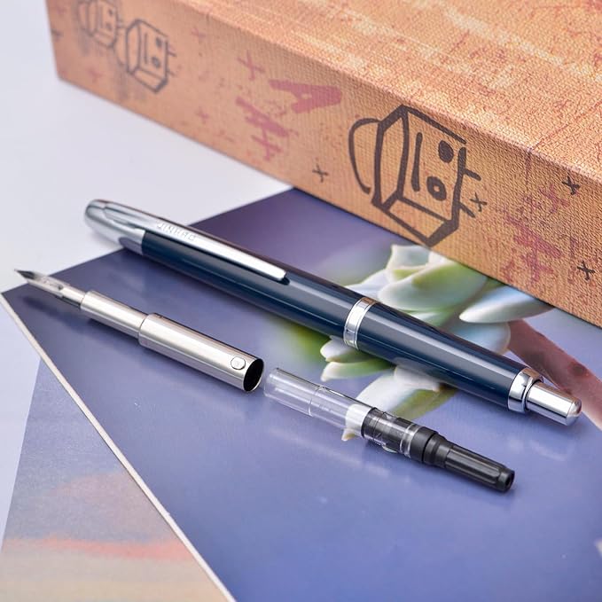 Jinhao 20 Press Retractable Fountain Pen Medium Nib with Converter Resin Writing Gift Pen, Dark Blue