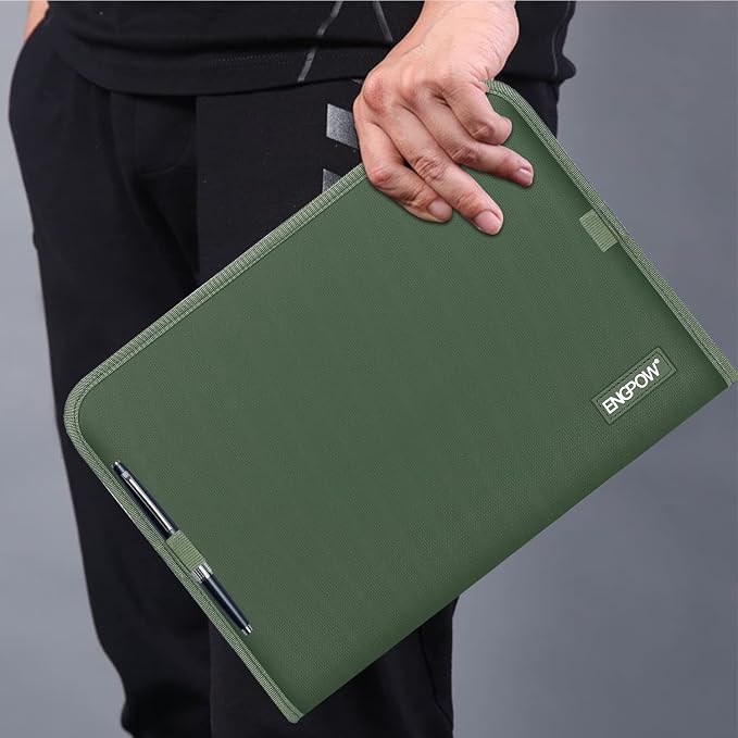 ENGPOW Expanding File Folder,Fireproof 13 Pockets Document Organizer Bag | Accordion File Organizer with Zipper＆Labels,Portable Home Travel Safe Storage for Important Files,Papers,Letter Size,Green