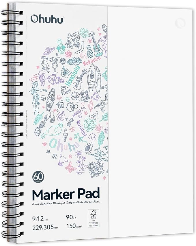 Ohuhu Double-Sided Marker Pads Art Sketchbook Bleedproof - 9"x12" Large Paper Size - 90 LB/150 GSM Smooth Drawing Paper - 60 Sheets/120 Pages, Spiral Bound Sketching Book for Alcohol Markers