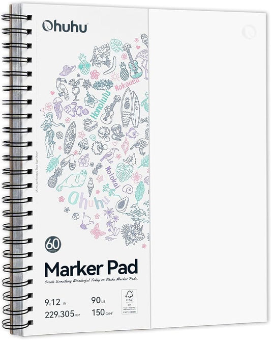 Ohuhu Double-Sided Marker Pads Art Sketchbook Bleedproof - 9"x12" Large Paper Size - 90 LB/150 GSM Smooth Drawing Paper - 60 Sheets/120 Pages, Spiral Bound Sketching Book for Alcohol Markers