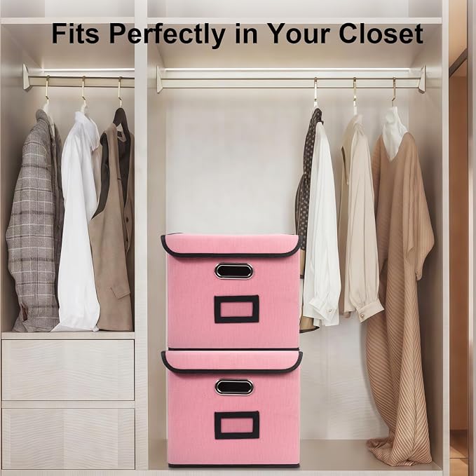 File Storage Box with Lid, 15.55x12.87x10.43 Inches, Foldable Organizer with Handles & Label Slot, for File Storage, Home, Office, and Closet Organization(2 Packs, Pink)