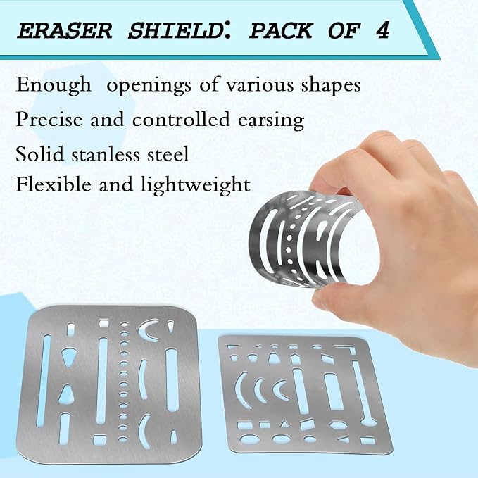 Clabby 4 Pieces Drafting Eraser Shield Erasing Shield for Drawing Stainless Steel Drawing Template Tools Stencil with 26 Openings or 27 Openings for Mechanical Engineering Artists, 2 Designs