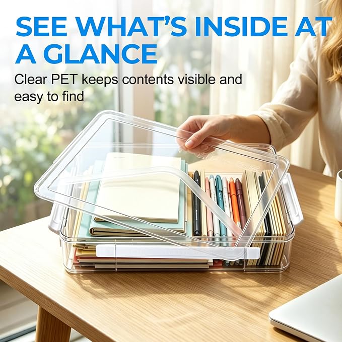 2 Pack Board Game Storage Box,Clear Stackable Craft Organizer | Clear PET with lid & side latches,Fits Letter & A4 papers,Flat cases for art,sewing supplies and documents organization
