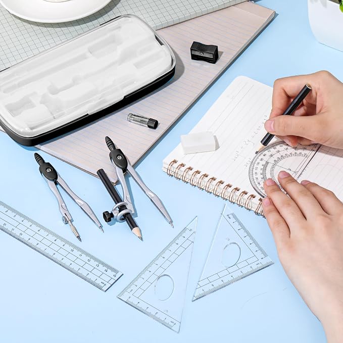 Zonon Math Geometry Set for Students 10 Pcs Compass Geometry Tools Kit Includes Protractor Compass Lead Refills Rulers Pencil Sharpener Eraser Pencil Storage Box for Drafting and Drawings(Black)