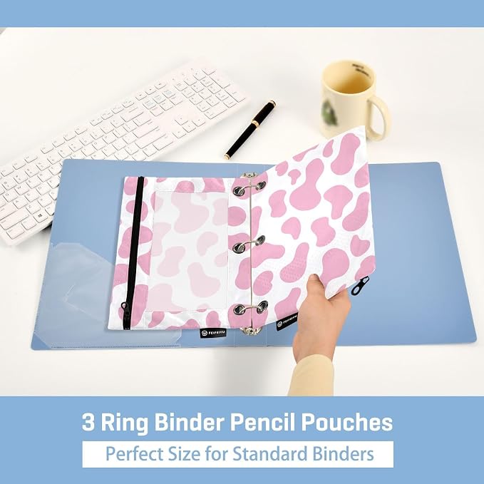 Cow Pencil Pouches for 3 Ring Binder 2 Pack | Binder Pencil Case With Zipper Reinforced GrommetsPencil Bags for Office Organizers