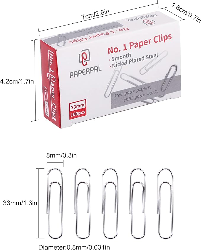 PAPERPAL Paperclips for Office School & Personal Use, #1 Smooth Paper Clip (1-2/7"), 600 Medium Paper Clips (6 Boxes of 100 Each), Silver | Medium paper clips for office, school and personal use, conveniently packed in 6 boxes of 100 each.