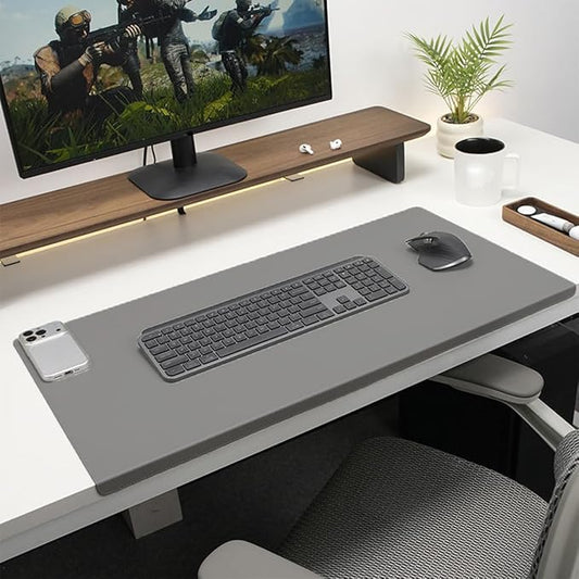Edge-Locked Leather Desk Pad, Desk Blotter with Full Grip Fixation Lip, Waterproof Large Office Table Mat, Non-Slip Laptop Mouse Pads for Work Typing Writing (Grey,35.4"x17.7")