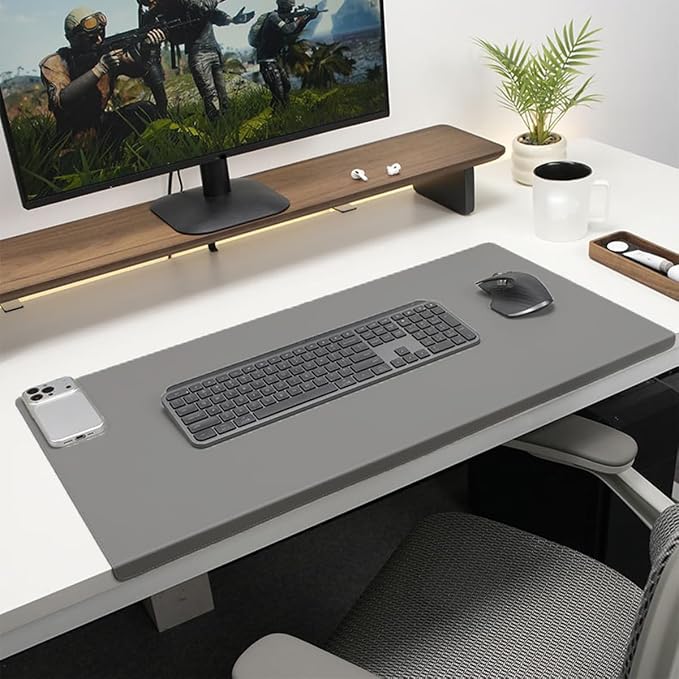 Edge-Locked Leather Desk Pad, Desk Blotter with Full Grip Fixation Lip, Waterproof Large Office Table Mat, Non-Slip Laptop Mouse Pads for Work Typing Writing (Grey,23.6"x13.8")