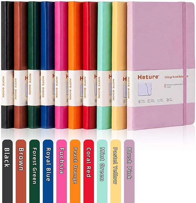 Heture Hardcover Journal Notebooks, A5 Lined Notebook for Writing and Work, 160 Pages 100 GSM Thick Paper, Ruled Notebooks Bulk with Elastic Closure, Hardcover Notebook for Work, School, Travel, Note Taking (Assorted Colors, 10 Pack)