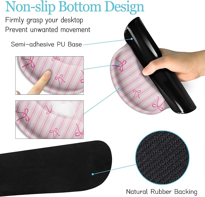LIMKRIAN Pink Striped Mouse Pad Desk Mat Set, Cute Back to School Supplies | Ergonomic Wrist Rest Mouse Pad, Wrist Support Keyboard Mat, Coaster, Mousepad for Computer Office Desk Decor Accessories