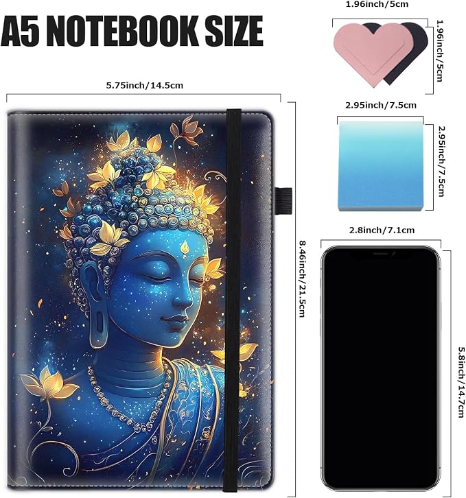 Hardcover Executive Notebooks, A5 PU Leather Lined Journal Notebook, 200 Pages Thick Paper Subject Notebooks for School,Work,Home Writing Business Notebook, Diary Book, Blue Buddha Statue