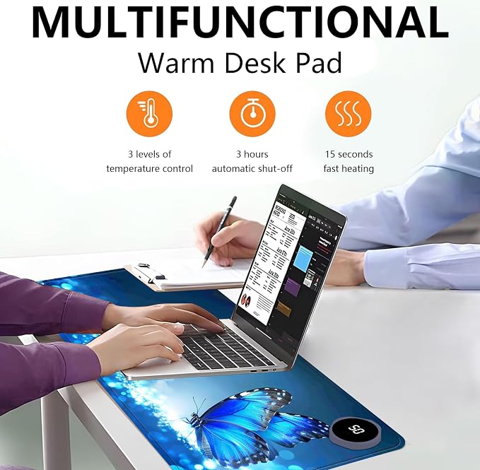 Heated Mouse Pad with 3 Levels Heated & 3 Hours Auto Shut-Off Mouse Pad for Warming Hands in Office Home, 31.5" x 13"Large Safe Desk Mat Hand Warmer，Glittering Butterfly