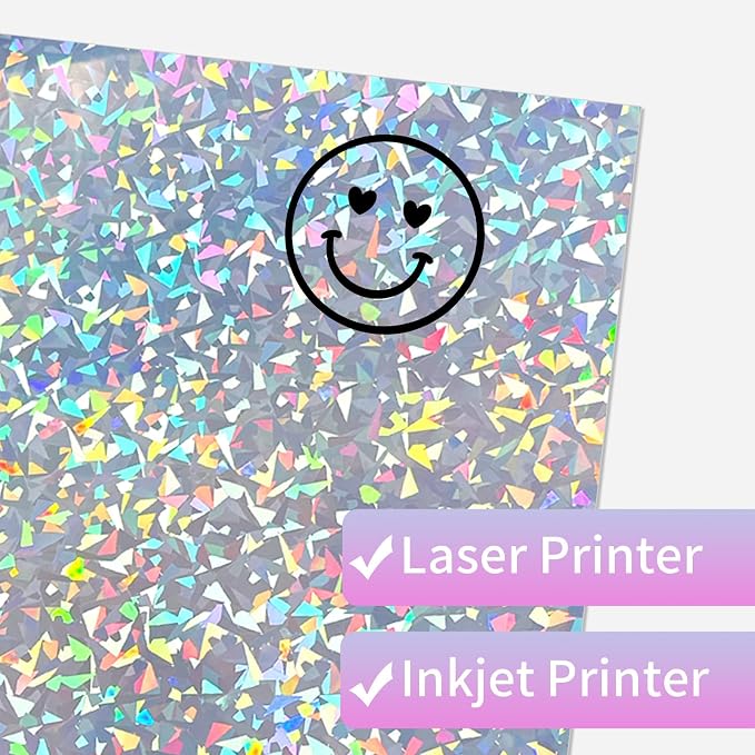 STARLIBOO 25 Sheets Holographic Sticker Paper, Diamond Pattern Printable Vinyl for Inkjet & Laser Printer, Broken Glass Effect, Waterproof, Dries Quickly (8.5" x 11")