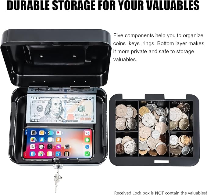 KYODOLED Metal Cash Box with Key Lock & Money Tray - Secure Safe for Home, Office & Events, Ideal for Cash, Meds & Small Items, 7.87" x 6.30" x 3.35", Black, 2 Pack