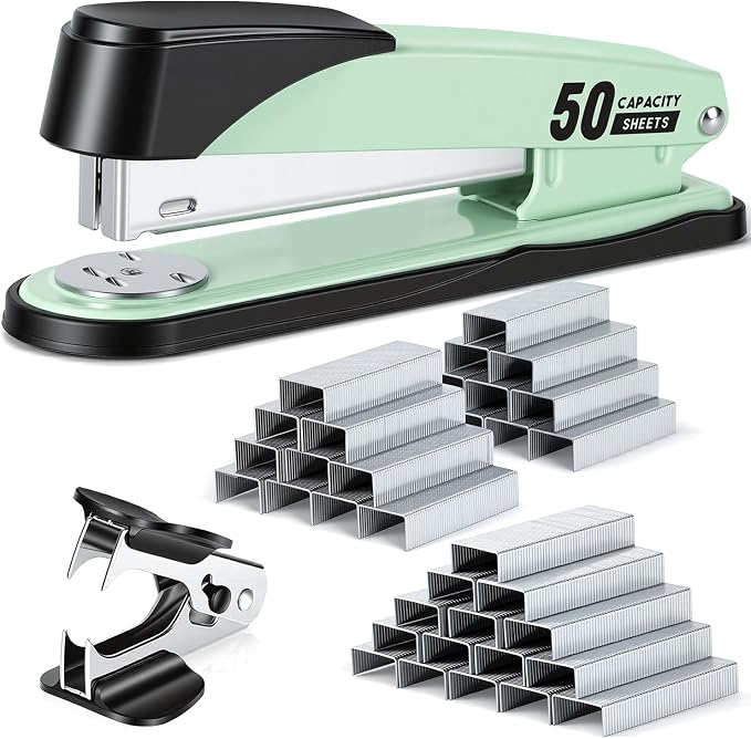 Deli Stapler Heavy Duty, Full Strip Staplers for Desk with 2000 Staples and Staple Remover, 50 Sheet Capacity, No Jam, Non-Slip Office Stapler with Staples for Office, Classroom, Green