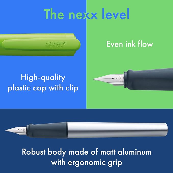 LAMY nexx lime – Fountain Pen with slip-proof grip & polished steel nib in size M - triangular aluminum body - including LAMY T 10 blue cartridge - Right-Handed