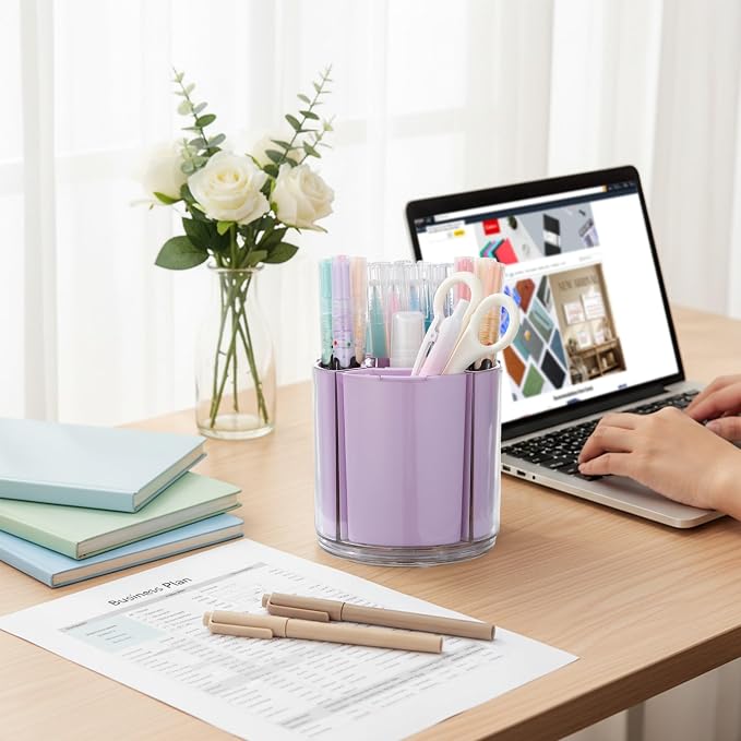 Comix 360° Rotating Pen Holder for Desk, Cute Pencil Holder Pen Organizer, Purple Acrylic Pencil Cup Caddy with 5 Slots for Home School Office Supplies