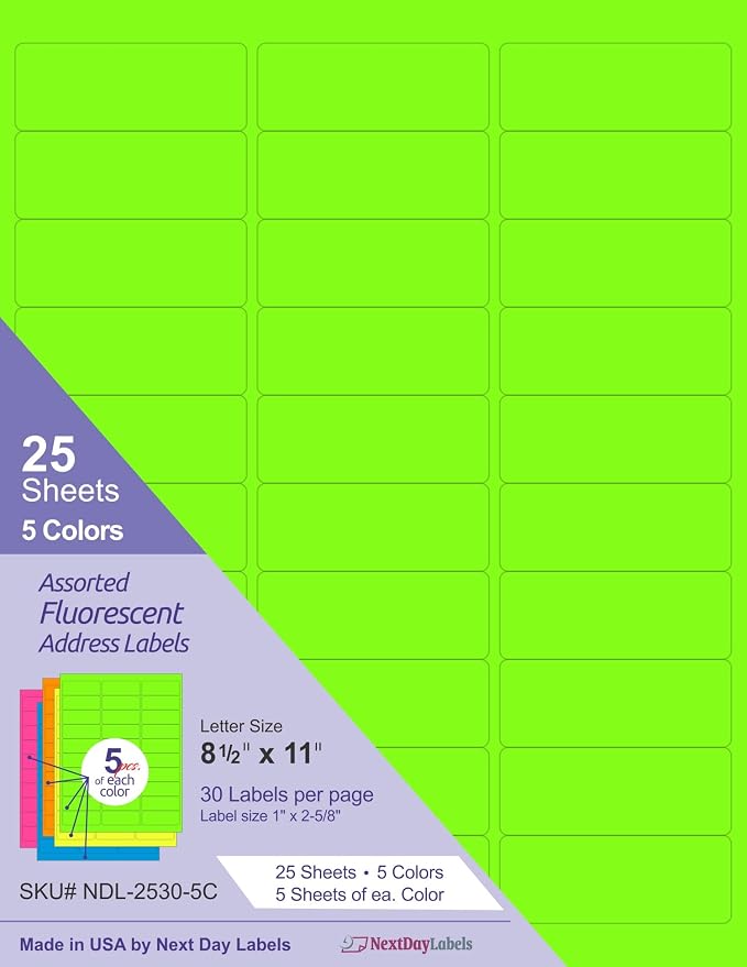Assorted Fluorescent Address Labels | 5 Colors - Green, Orange, Blue, Yellow and Pink | 5 Sheets of Each Color | 1" x 2-5/8" - 30 Per Page, from NextDayLabels | 750 Labels