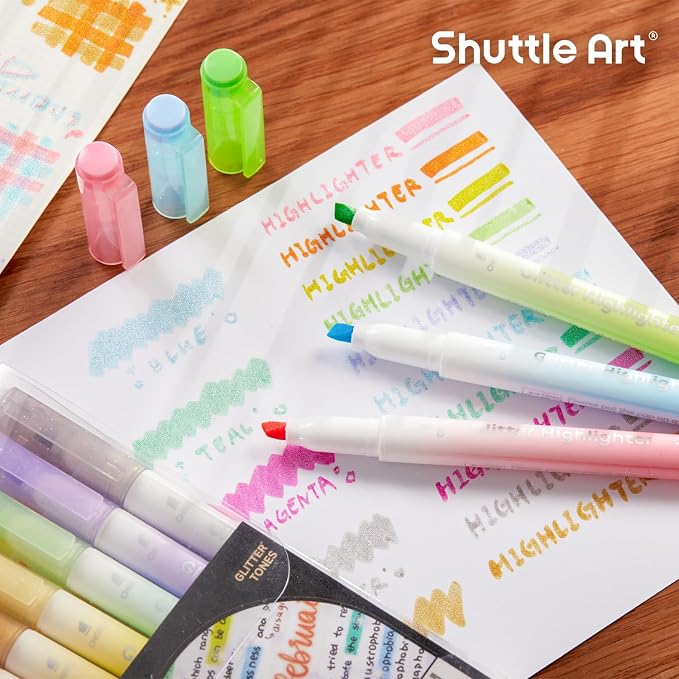 Shuttle Art Glitter Highlighters, 10 Sparkle Colors Chisel Tip Fluorescent Markers, Quick-Dry Non-Toxic Aesthetic Shimmer Highlighter Pens for Adults, Perfect for School Office Art Supplies