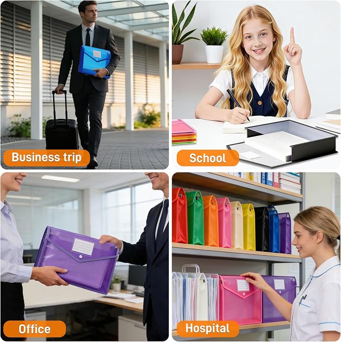 Plastic Expanding File Folder, Transparent Envelopes with Snap Closure | No Dividers, Large Capacity, Assorted Colors, Accordion Folder Organizer for File Folder, Fits Letter / A4 Size, 10 Pack