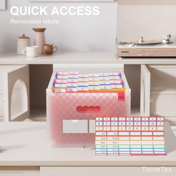 ThinkTex Accordion File Organizer, 26 Pockets Expanding File Folders, Pink | Monthly Bill Receipt Documents Organizer, A-Z Colorful Tabs, Letter/A4 Size for Classroom Office Organization Home Hospital