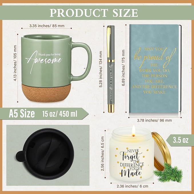 Sayglossy 4 Pcs Thank You Gifts for Men Women Teacher Employee Coworker Appreciation Notebook Inspirational Coffee Mug Scented Candle Ballpoint Pen for Volunteer Housekeeping