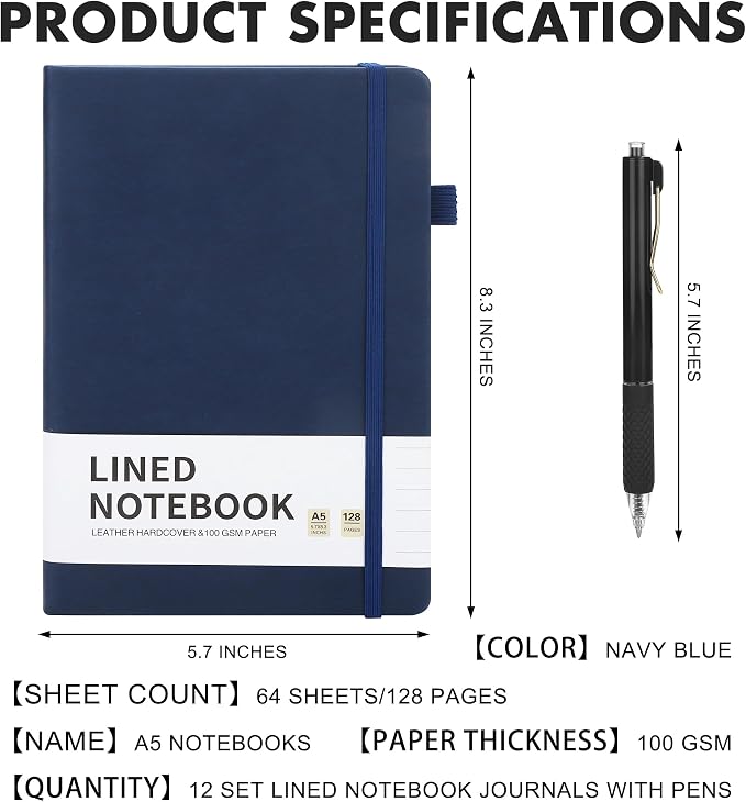 Aodaer 12 Set Lined Notebook Journals with Pens A5 Notebooks 100 GSM College Ruled Hardcover Notebook PU Leather Notepad with Pen Holder for Office School, 5.7 x 8.3 Inches, Navy Blue