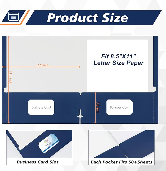 50 Packs Two Pocket Folders,Two Pocket File Folders with Business Card Slot,Dark Blue,Letter Size,Paper Folders with Pockets for School Office Home Business