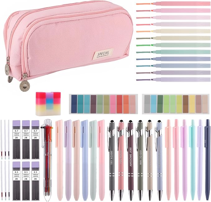 BESARME Pink Pencil Case with Supplies for College & Nursing Students 39ct | Back to School Supplies, 6 gel pens, 12 highlighters, 6 ballpoint pens, 6 mechanical pencils, refills, erasers