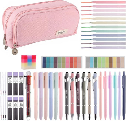 BESARME Pink Pencil Case with Supplies for College & Nursing Students 39ct | Back to School Supplies, 6 gel pens, 12 highlighters, 6 ballpoint pens, 6 mechanical pencils, refills, erasers