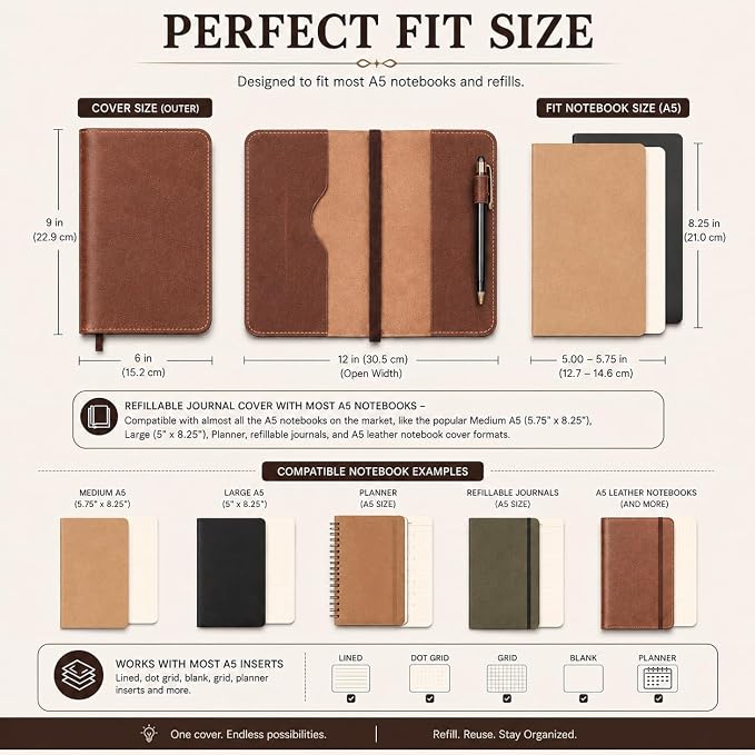 A5 Leather journal cover, Refillable Journal Cover for Large and Medium A5, Leather Handmade Notebook Cover, 9 x 6 Inches Leather Bound Journal (Tan)