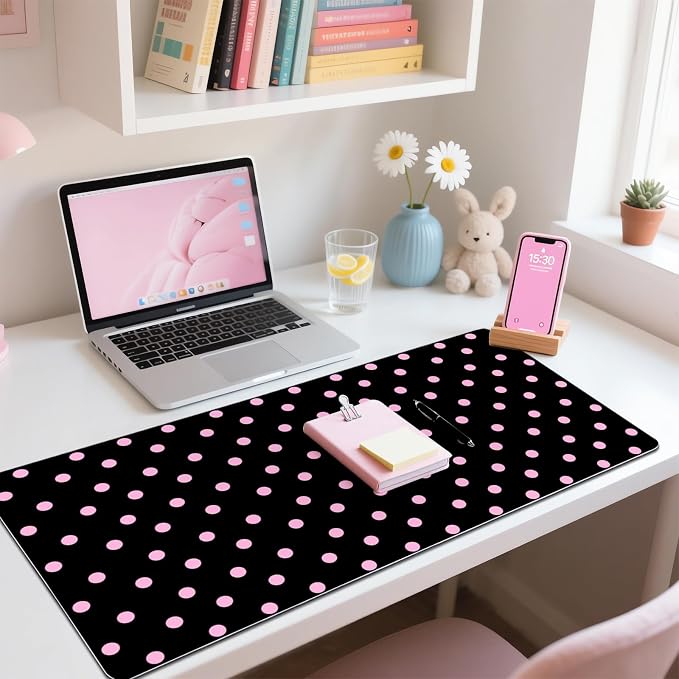 Pink Polka Dot Leather Desk Mat Extended Gaming Mouse Pad | Non-slip Large Writing Pad Laptop Blotter Computer Keyboard Mat | Cute Black Desk Protector for Home Office 23.6" x 11.8"