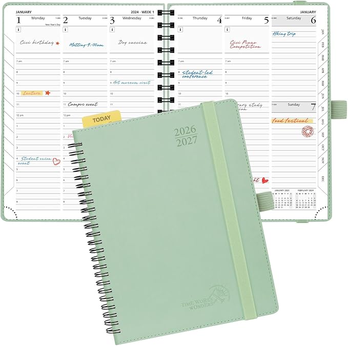 POPRUN Planner 2026-2027 (Medium - 6.5'' x 8.5'') Academic Weekly Planner | Calendar(July 26-June 27) Appointment Book with Hourly Time Slots, Monthly Tabs, 100GSM, Spiral Leather Cover - Celadon Green