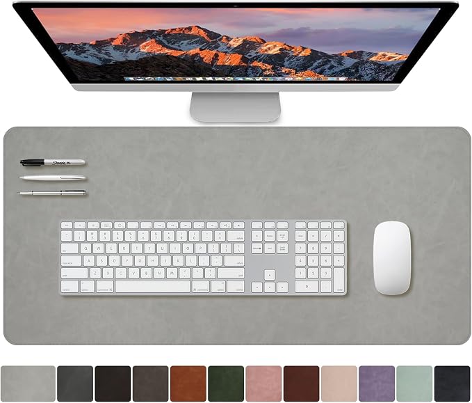 CHEERYGOO Leather Office Desk Pad Protector, Non-Slip PU Leather Desk Blotter, Waterproof Laptop Writing Mouse Pad for Office and Home,23.6"x 13.8" M Light Grey