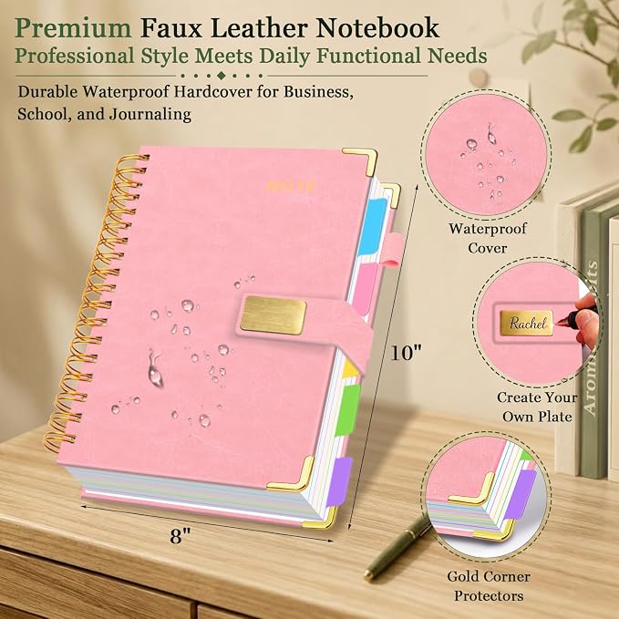 Hardcover Spiral Notebook 8''x 10'' College Ruled Notebook with Magnetic Closure, 300 Pages 5 Subject Notebooks with Pocket Dividers for Work School, B5 Leather Journal for Women, Men (Pink)