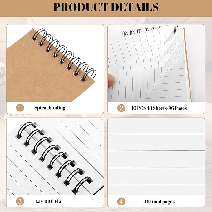 BESARME 10 Pcs Small Notepads 3x5, Kraft Spiral Pocket Notebook Bulk | Mini Lined Notepad, Memo Pads for Men, Students Back to School Gift