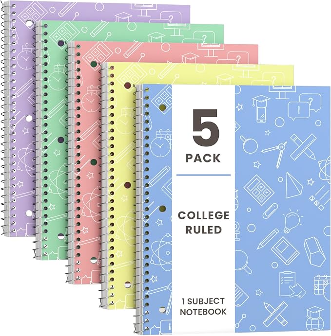 Oucaru College Ruled Spiral Notebooks, 8x10.5 Subject Notebook for Office | 5 Pack 1-Subject Notebooks with 70 Sheets Per Book, 3-Hole Punched Lined Paper, for Writing Journal, Home & School