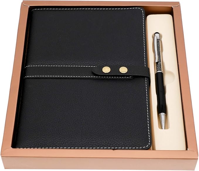 Hardcover Notebook Set - Thick Classic Ruled Premium Paper Notebook with Pen Loop and Pen, A5 192 Pages, Soft Faux Leather Hardcover Cover with Buckle(Black)