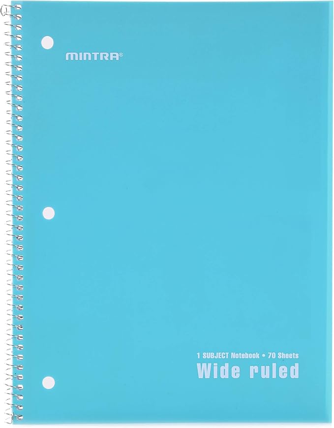 Mintra Office Spiral Notebooks Set - Primary Colors, Wide Ruled, Poly Waterproof Covers, Journals for School, Work, Business, Writing Pads, Teacher & Student Supplies, 70 Sheets Each, 6-Pack