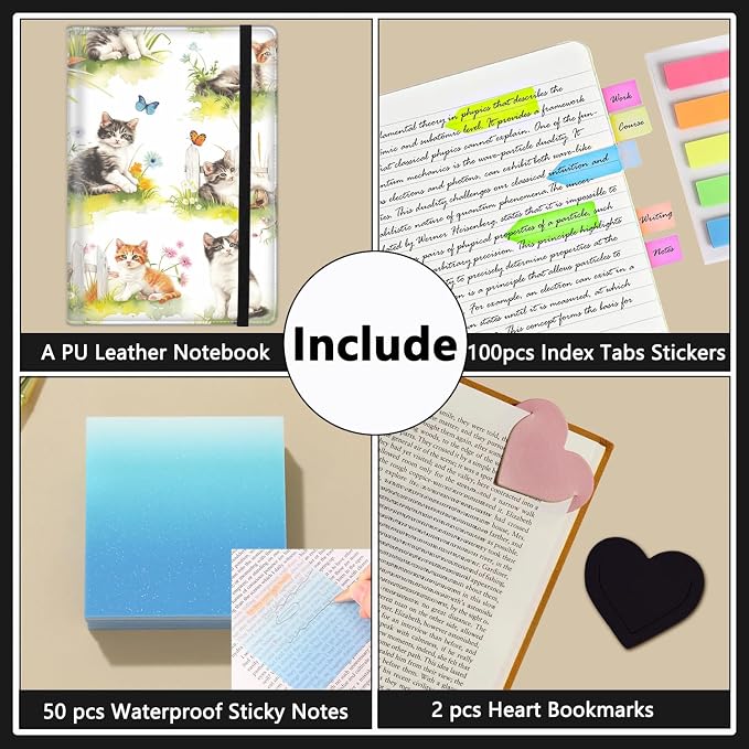 A5 Leather Lined Journal Notebook, 200 Pages Hardcover Executive Notebook for Office School Note Taking, Thick Writing Paper Daily Journal with Bookmarks/Indexes, Watercolor Cats and Flowers