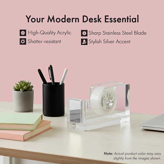 OfficeGoods Acrylic Tape Dispenser – Modern Desk Organizer for Office Supplies, Heavy Duty Refillable Tape Holder for Home and School Crafting, Stylish Desktop Accessory for Gift Wrapping, Silver