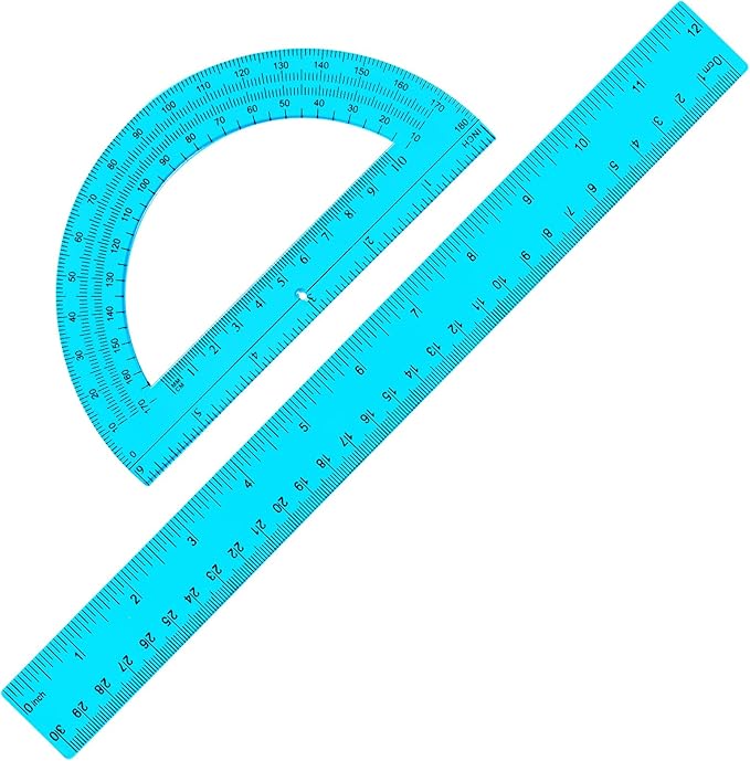 Zonon 2 Pcs 12 Inch Clear Ruler and 6 Inch Plastic Protractor Set, Dual Scale Inch/Cm Math Geometry Measuring Tools for Back to School Students Teachers Classroom Office Drafting Use(Blue)
