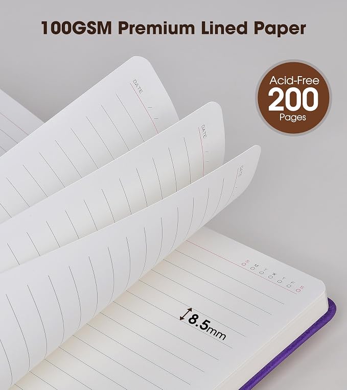 Lined Journal Notebook with Pen, A5 Personalized Hardcover Leather Journal for Men Women, 200 Pages 100 GSM Thick Paper College Ruled Notebooks for Work Travel School Writing Diary 5.9" X 8.4" Purple