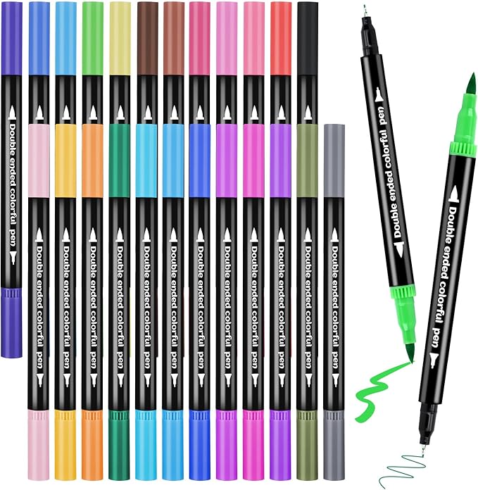 24Color Dual-Tip Art Markers Set, Fine & Brush Tips for Adult Coloring Books, Watercolor & Drawing Pens, Artist Marker Pens for Illustration, Sketching, Journal