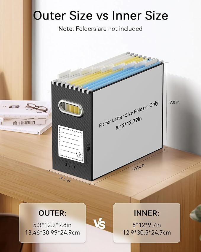 Oterri File Organizer Box, Portable Collapsible Cardboard File Folder Organizer with Handle for Letter Size Hanging Files, Document Storage Box for Home Office & Classroom (1 Pack, Black)