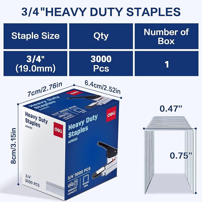 Deli Staples, Premium Heavy Duty Staples for Heavy Duty Staplers, 3/4'' Length, 160 Sheet Capacity, 100/Strip, 3000/Box