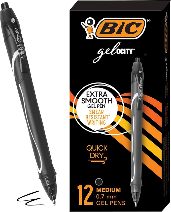 BIC Gelocity Quick Dry Black Gel Pens, Medium Point (0.7 mm), Supplies for Students and Teachers, with Full Grip, 12-Count Pack in Black