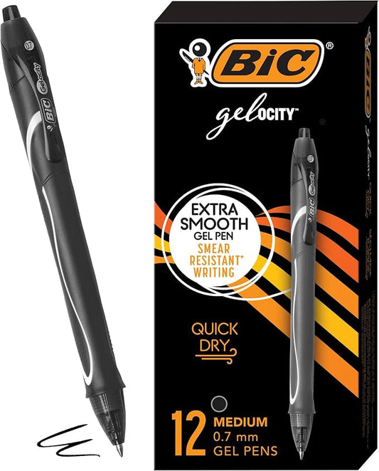 BIC Gelocity Quick Dry Black Gel Pens, Medium Point (0.7 mm), Supplies for Students and Teachers, with Full Grip, 12-Count Pack in Black